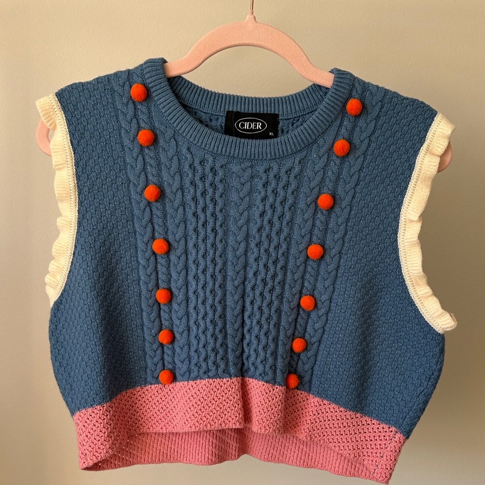 Cider Blue Sweater Vest with Pink and Orange Details